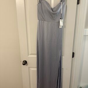 Jenny Yoo Satin Cowl Neck Evening Gown in Silver